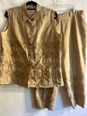 ANN GERLIN 100% LINEN TAN GOLD SLEEVELESS TOP EMBROIDERED ACCENTS PANTSUIT 16